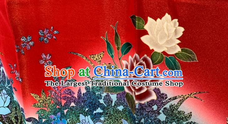Japan Classical Roses Pattern Furisode Kimono Clothing Bride Garment Costume Traditional Wedding Red Yukata Dress