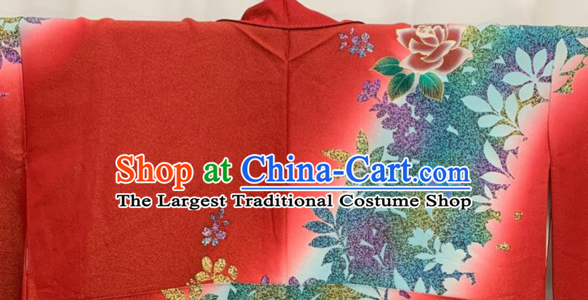 Japan Classical Roses Pattern Furisode Kimono Clothing Bride Garment Costume Traditional Wedding Red Yukata Dress