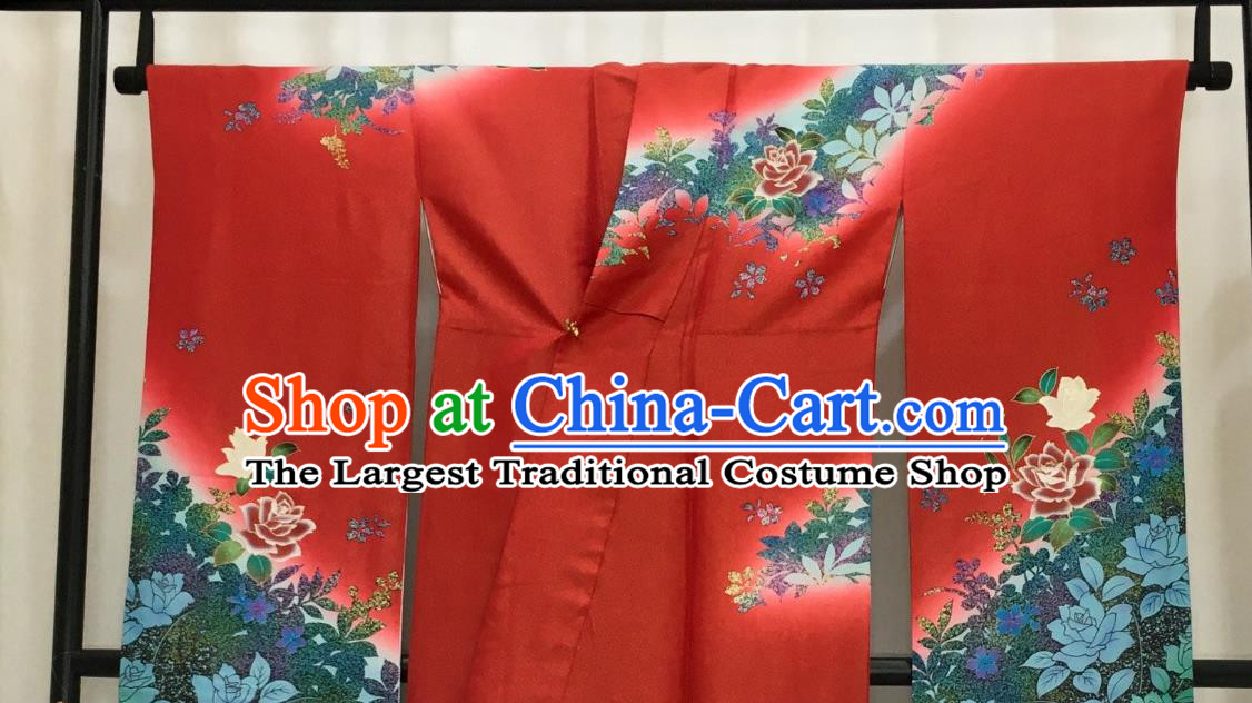 Japan Classical Roses Pattern Furisode Kimono Clothing Bride Garment Costume Traditional Wedding Red Yukata Dress