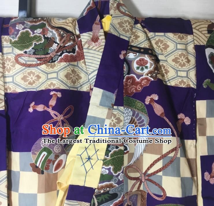Japan Ancient Warrior Clothing Boys Kimono Costume Traditional Cranes Pattern Purple Yukata Robe