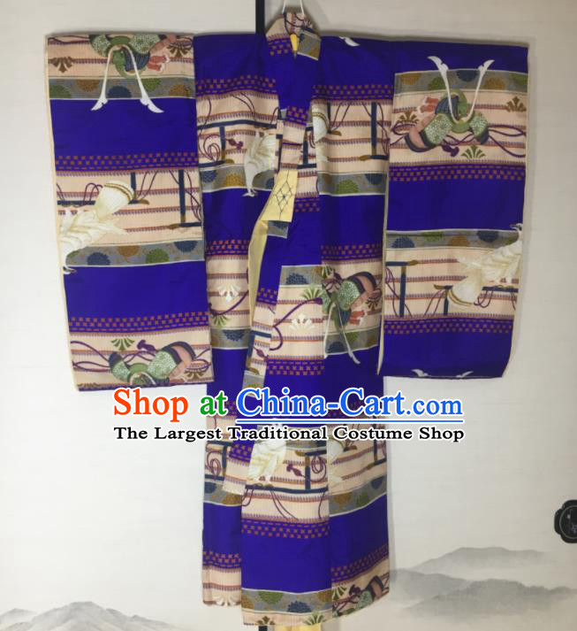 Japan Ancient Warrior Clothing Boys Kimono Costume Traditional Cranes Pattern Purple Yukata Robe