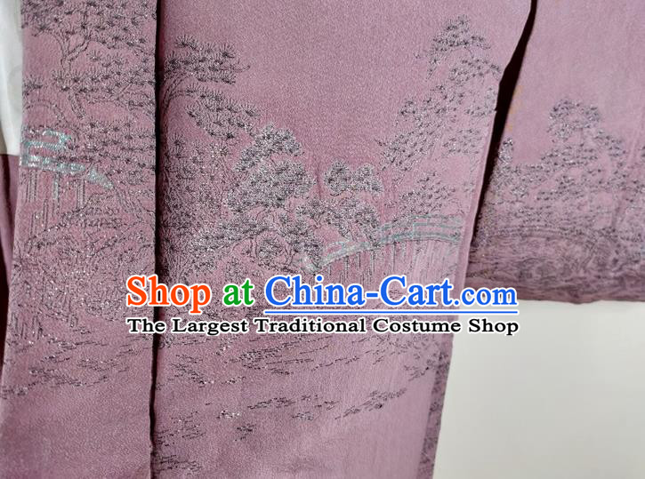 Japanese Classical Landscape Pattern Lilac Silk Overcoat Apparel Male Haori Jacket Clothing Traditional Kimono Outer Garment