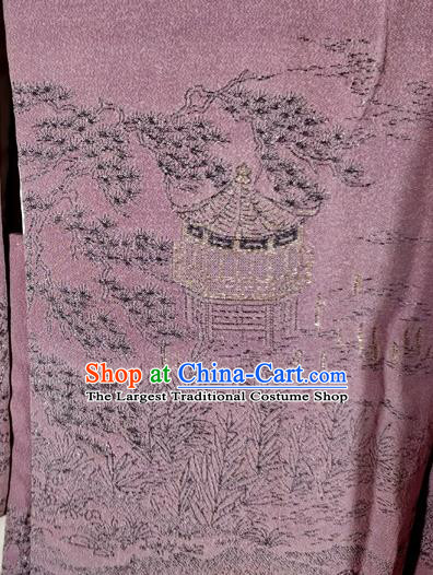 Japanese Classical Landscape Pattern Lilac Silk Overcoat Apparel Male Haori Jacket Clothing Traditional Kimono Outer Garment