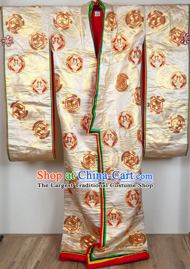 Japan Classical Cranes Pattern Uchikake Kimono Clothing Wedding Bride Embroidered Garment Costume Traditional Court Empress Golden Yukata Dress