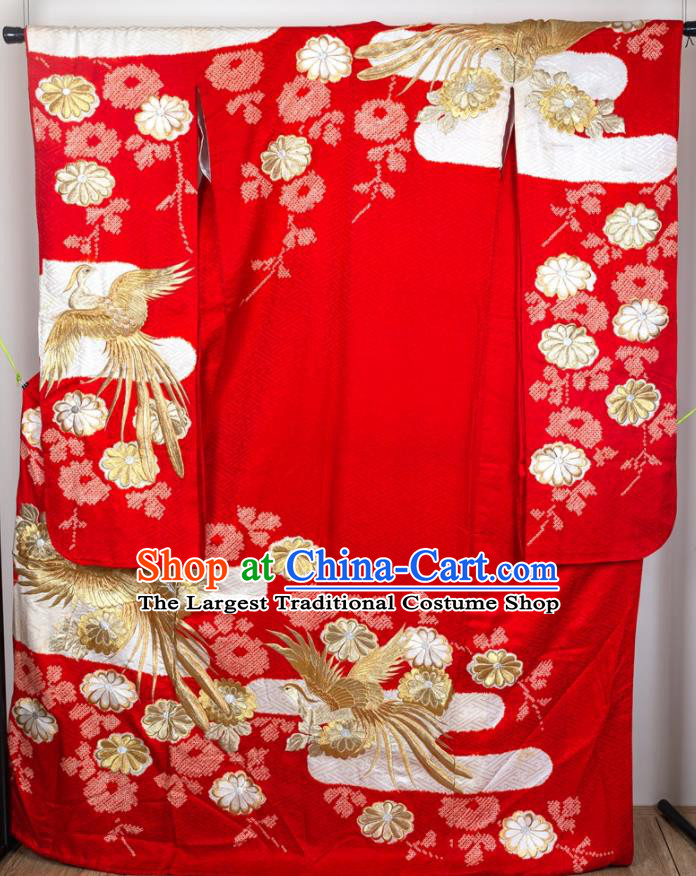 Japan Traditional Court Empress Red Yukata Dress Classical Birds Pattern Furisode Kimono Clothing Wedding Bride Embroidered Garment Costume