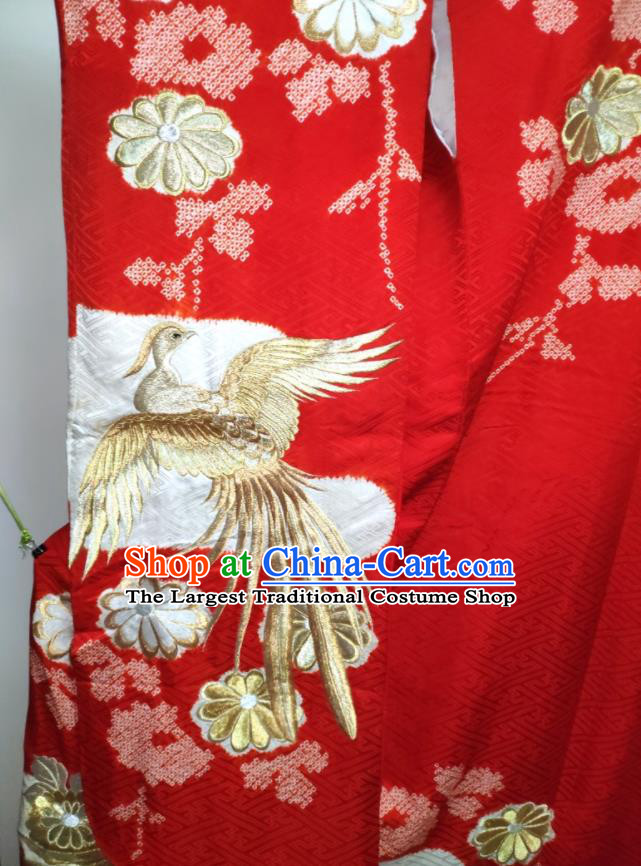 Japan Traditional Court Empress Red Yukata Dress Classical Birds Pattern Furisode Kimono Clothing Wedding Bride Embroidered Garment Costume