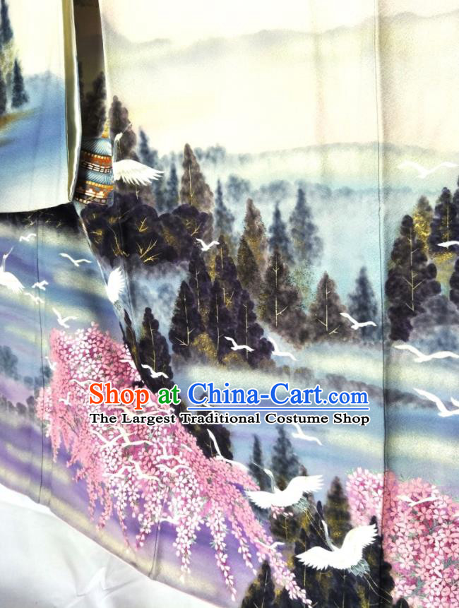 Japan Court Woman Garment Costume Traditional Printing Yukata Dress Classical Landscape Pattern Furisode Kimono Clothing