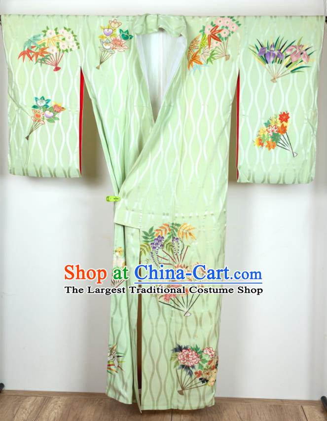 Japan Traditional Embroidered Green Yukata Dress Classical Flowers Fan Pattern Homongi Kimono Clothing Court Woman Garment Costume