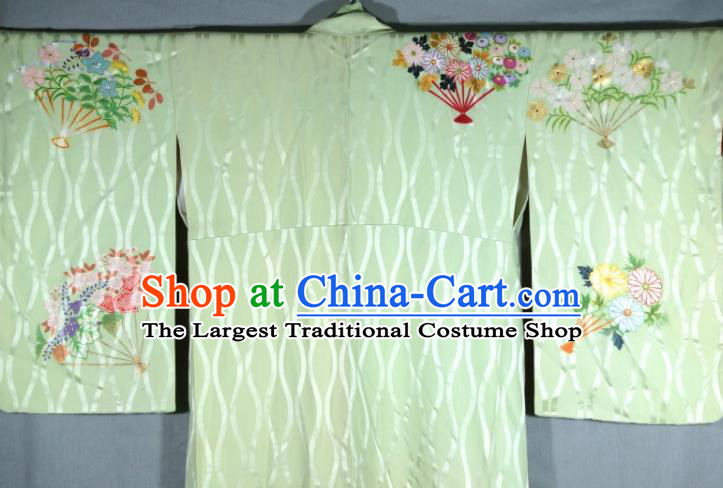 Japan Traditional Embroidered Green Yukata Dress Classical Flowers Fan Pattern Homongi Kimono Clothing Court Woman Garment Costume