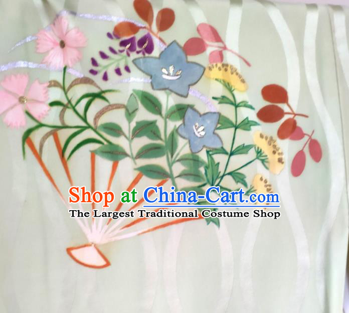 Japan Traditional Embroidered Green Yukata Dress Classical Flowers Fan Pattern Homongi Kimono Clothing Court Woman Garment Costume
