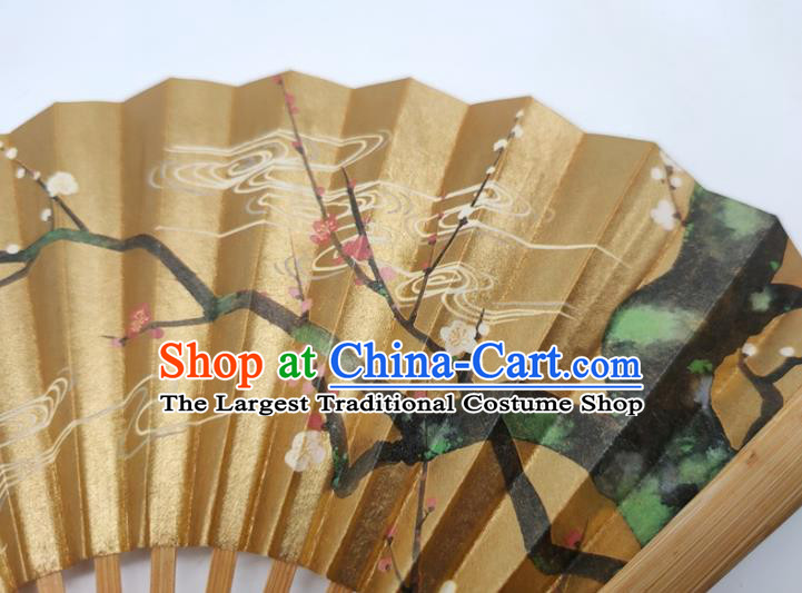 Japanese Hand Painting Plum Blossom Fan Traditional Stage Performance Golden Folding Fan Classical Dance Accordion