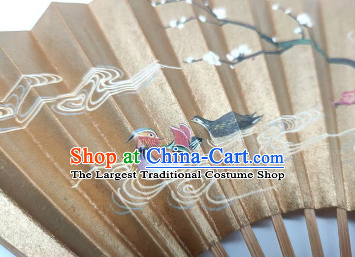 Japanese Hand Painting Plum Blossom Fan Traditional Stage Performance Golden Folding Fan Classical Dance Accordion
