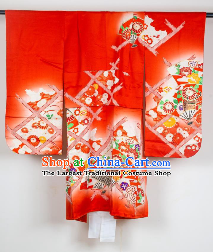 Japan Traditional Chrysanthemum Fan Pattern Red Yukata Dress Ancient Princess Clothing Festival Girl Kimono Costume