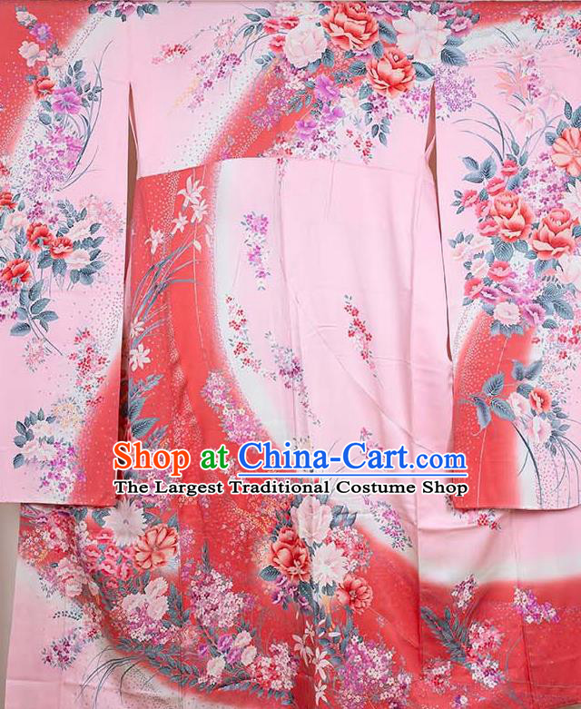 Japan Young Woman Garment Costume Traditional Pink Silk Yukata Dress Classical Peony Fan Pattern Furisode Kimono Clothing