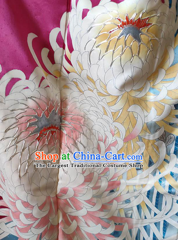 Japan Classical Chrysanthemum Pattern Furisode Kimono Clothing Royal Queen Garment Costume Traditional Rosy Silk Yukata Dress
