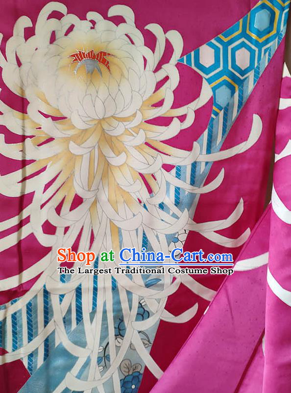 Japan Classical Chrysanthemum Pattern Furisode Kimono Clothing Royal Queen Garment Costume Traditional Rosy Silk Yukata Dress