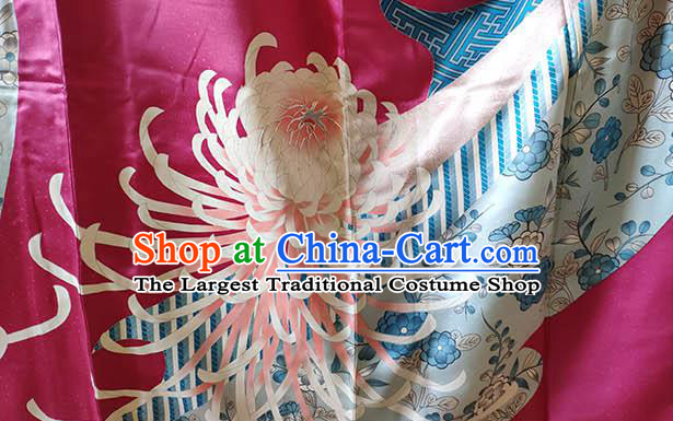 Japan Classical Chrysanthemum Pattern Furisode Kimono Clothing Royal Queen Garment Costume Traditional Rosy Silk Yukata Dress