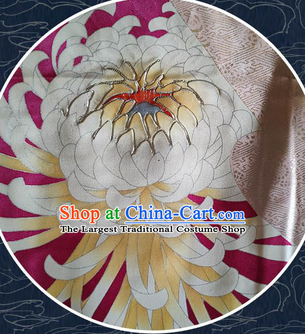 Japan Classical Chrysanthemum Pattern Furisode Kimono Clothing Royal Queen Garment Costume Traditional Rosy Silk Yukata Dress
