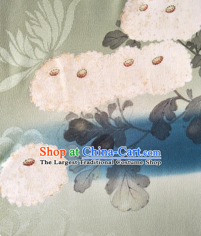 Japan Traditional Painting Green Yukata Dress Classical Chrysanthemum Pattern Furisode Kimono Clothing Elderly Woman Garment Costume