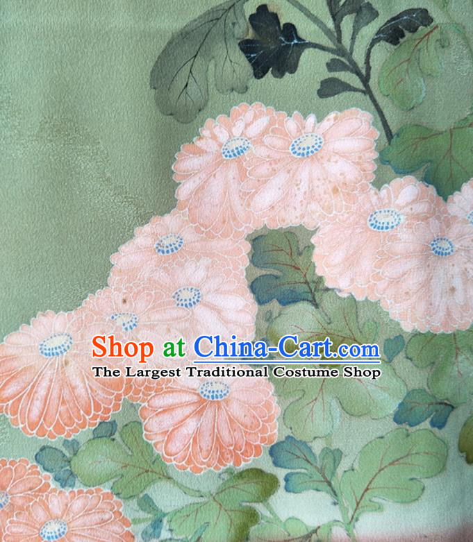 Japan Traditional Painting Green Yukata Dress Classical Chrysanthemum Pattern Furisode Kimono Clothing Elderly Woman Garment Costume