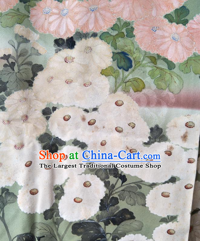 Japan Traditional Painting Green Yukata Dress Classical Chrysanthemum Pattern Furisode Kimono Clothing Elderly Woman Garment Costume