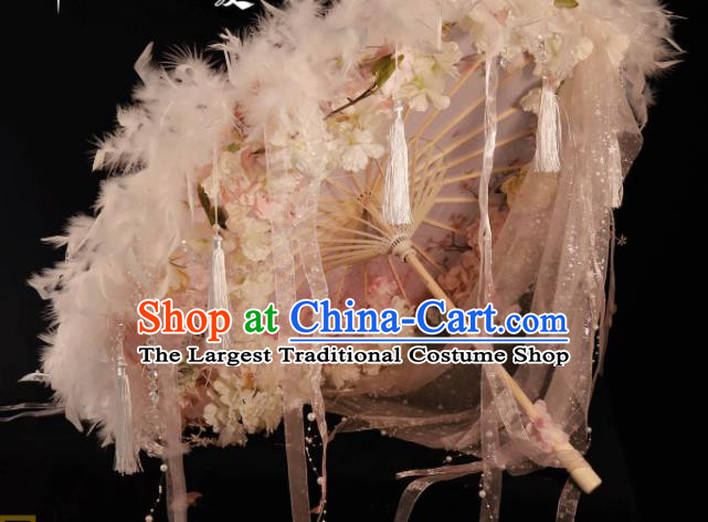 Handmade China Ancient Princess Umbrellas Pink Feather Umbrella Classical Dance Umbrella Cosplay Fairy Ribbon Tassel Umbrella