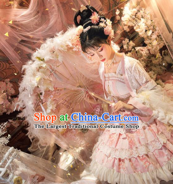 Handmade China Ancient Princess Umbrellas Pink Feather Umbrella Classical Dance Umbrella Cosplay Fairy Ribbon Tassel Umbrella