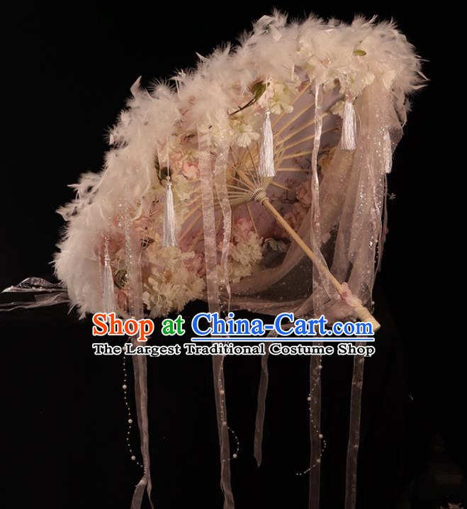 Handmade China Ancient Princess Umbrellas Pink Feather Umbrella Classical Dance Umbrella Cosplay Fairy Ribbon Tassel Umbrella