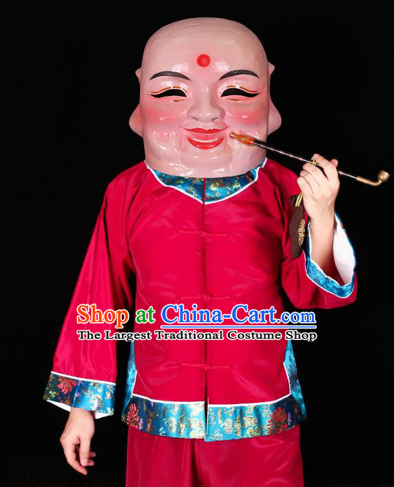 China Beijing Opera Elderly Male Clothing Traditional Festival Parade Red Outfits Cosplay Old Gentleman Costumes