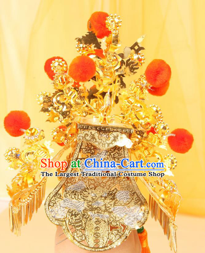 Chinese Handmade Opera Heaven Emperor Headdress Peking Opera God Statue Hair Accessories Beijing Opera King Golden Hair Crown