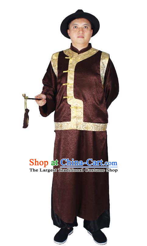 China Qing Dynasty Male Clothing Traditional Wedding Brown Mandarin Jacket and Robe Outfits Performance Costumes