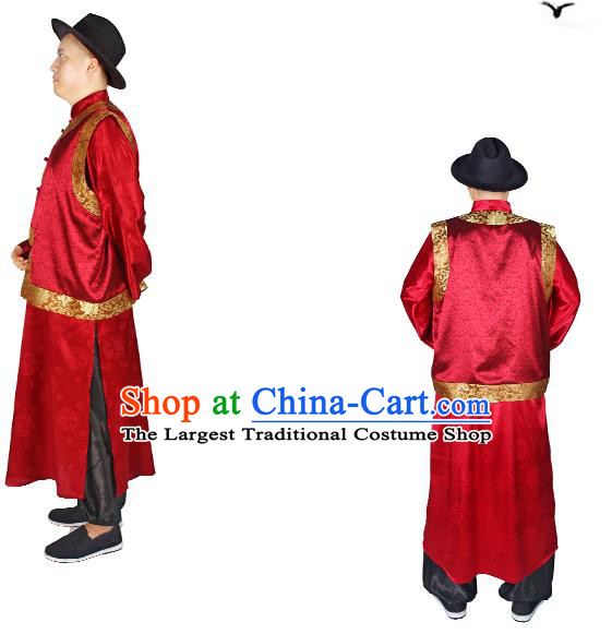 China Performance Costumes Qing Dynasty Male Clothing Traditional Wedding Red Mandarin Jacket and Robe Outfits
