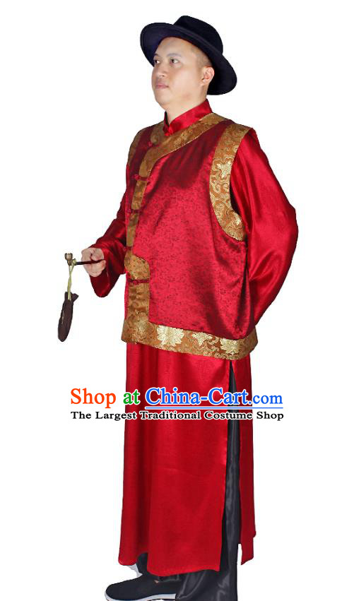 China Performance Costumes Qing Dynasty Male Clothing Traditional Wedding Red Mandarin Jacket and Robe Outfits