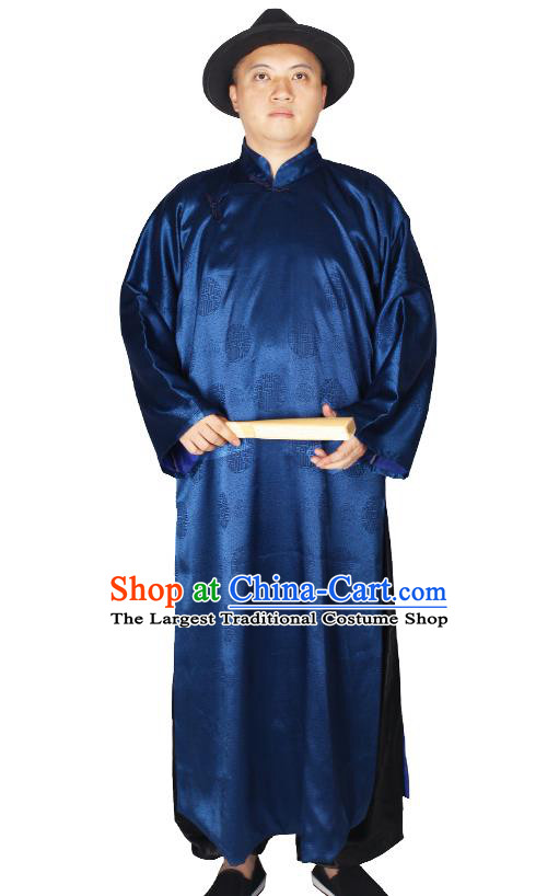 China Ancient Bridegroom Costume Minguo Male Clothing Traditional Wedding Navy Long Robe