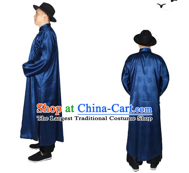 China Ancient Bridegroom Costume Minguo Male Clothing Traditional Wedding Navy Long Robe