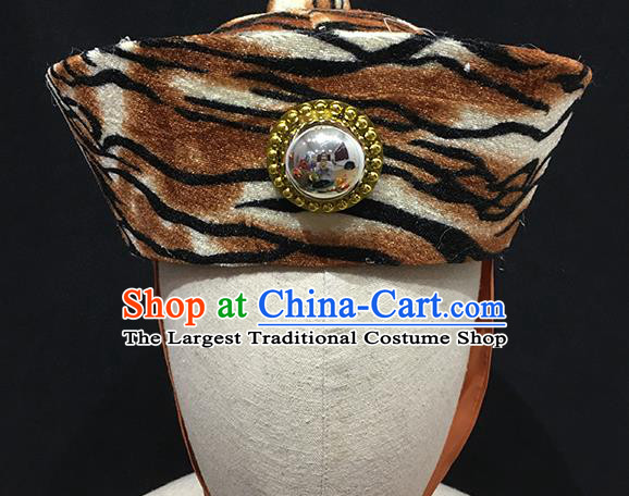 Chinese Handmade Opera Warrior Headdress Ancient Huntsman Headwear Beijing Opera Wusheng Leopard Hat
