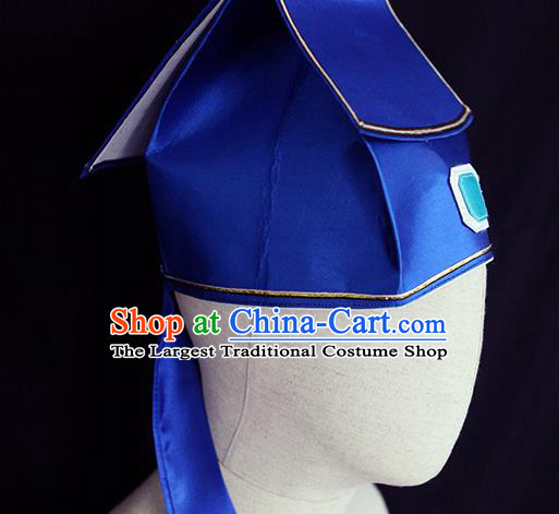 Chinese Ancient Scholar Headwear Beijing Opera Taoist Priest Blue Satin Hat Handmade Opera Hero Gongsun Sheng Headdress