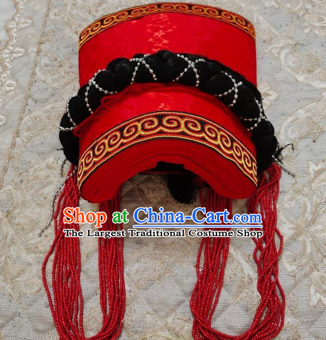 China Handmade Minority Hat Liangshan Ethnic Group Folk Dance Headdress Yi Nationality Woman Red Tile Headwear