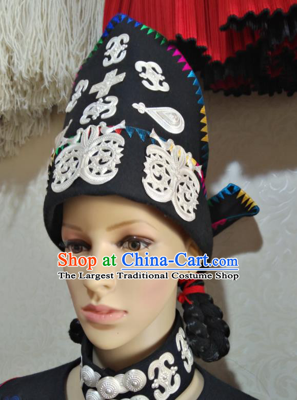 China Liangshan Ethnic Group Female Silver Headdress Yi Nationality Folk Dance Headwear Handmade Minority Black Hat