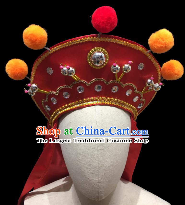 Chinese Ancient Imperial Bodyguard Helmet Headwear Beijing Opera Wusheng Red Hat Handmade Opera Swordsman Headdress
