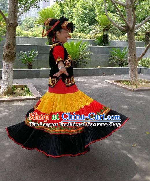 Chinese Ethnic Folk Dance Uniforms Liangshan National Minority Woman Garment Costumes Yi Nationality Festival Clothing