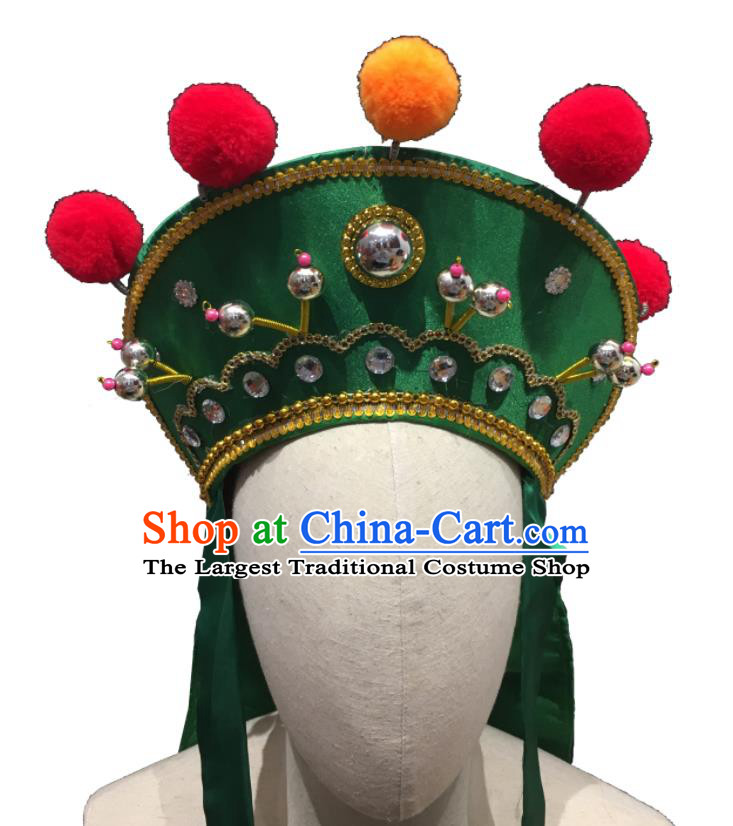 Chinese Handmade Opera Swordsman Headdress Ancient Imperial Bodyguard Helmet Headwear Beijing Opera Wusheng Green Hat