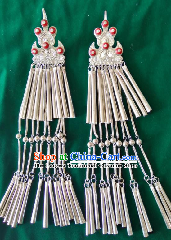 Chinese Yi Minority Female Silver Jewelry Liangshan Ethnic Folk Dance Long Tassel Earrings Handmade Yi Nationality Ear Accessories