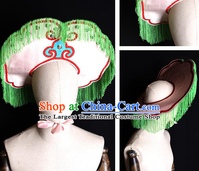China Ancient Fisher Maiden Headdress Handmade Opera Actress Green Tassel Hat Peking Opera Village Girl Headwear