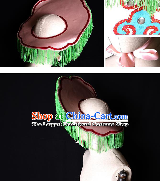 China Ancient Fisher Maiden Headdress Handmade Opera Actress Green Tassel Hat Peking Opera Village Girl Headwear
