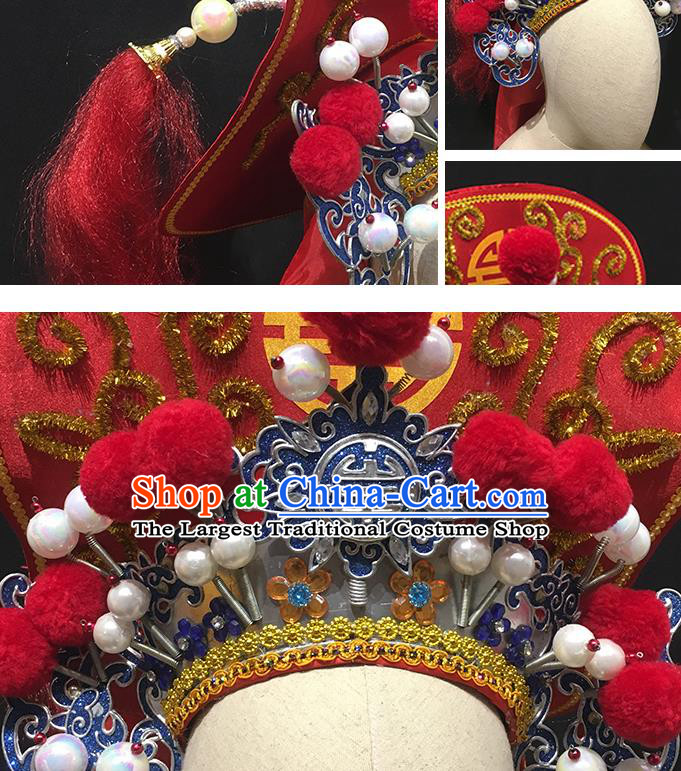 China Peking Opera Female Soldier Headwear Ancient Swordswoman Helmet Headdress Handmade Opera Woman General Red Hat