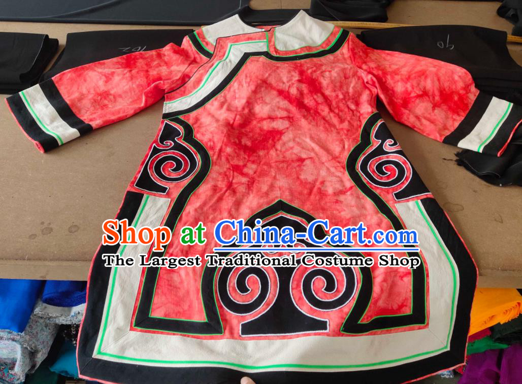 Chinese Liangshan National Minority Dance Clothing Yi Nationality Red Flax Long Shirt Ethnic Woman Garment Costume