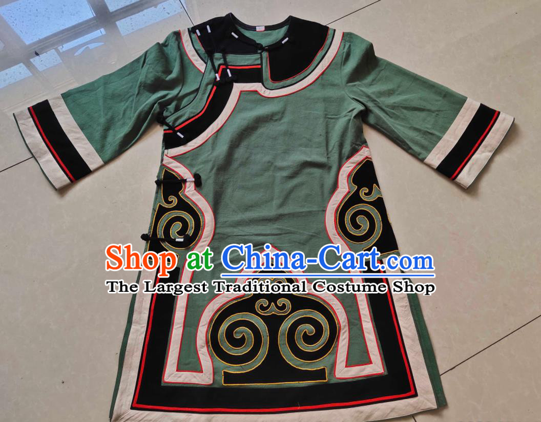 Chinese Ethnic Woman Clothing Liangshan National Minority Green Flax Jacket Yi Nationality Folk Dance Outer Garment