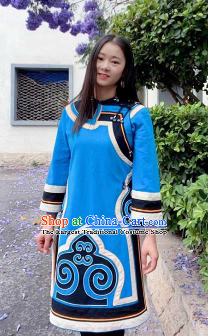Chinese Yi Nationality Folk Dance Outer Garment Ethnic Woman Clothing Liangshan National Minority Blue Flax Jacket