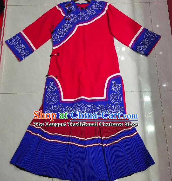 Chinese Ethnic Folk Dance Clothing Liangshan National Minority Red Flax Uniforms Yi Nationality Female Costumes